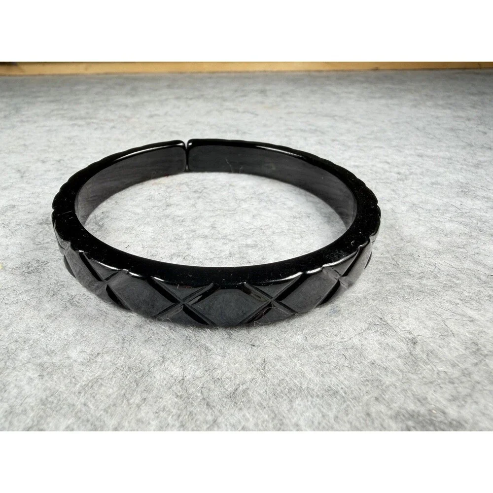 Vintage 1980s Black Acrylic Bangle Bracelet Raised Geometric Diamond Statement